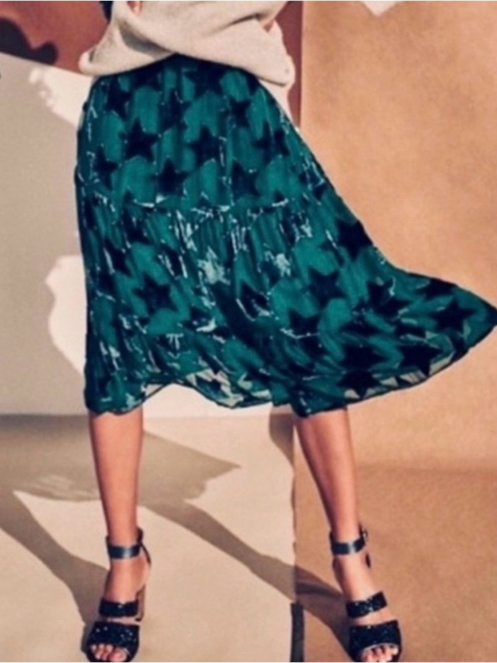 Maeve Teal Star-Print Midi Skirt sz Large